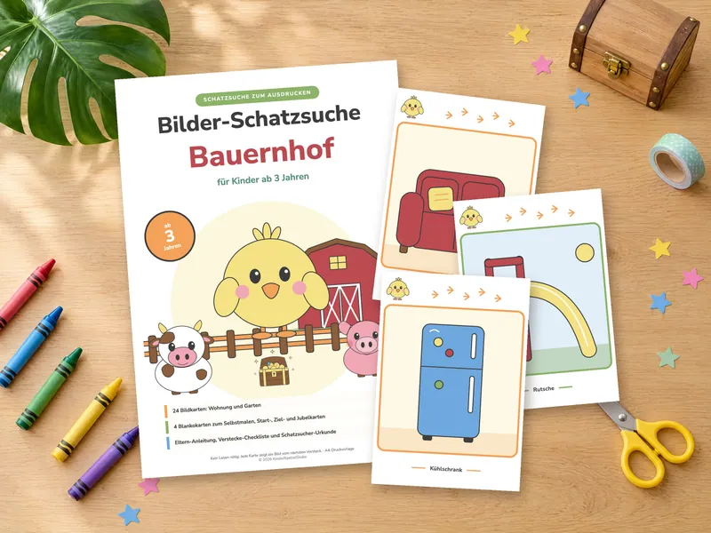 Titelseite der Bilder-Schatzsuche Bauernhof und drei ausgeschnittene Bildkarten (Sofa, Rutsche, Kühlschrank) auf einem Holztisch mit Wachsmalstiften, Schere, Washi-Tape und kleiner Schatzkiste. Montage aus den echten PDF-Seiten und einem KI-generierten Tischfoto.